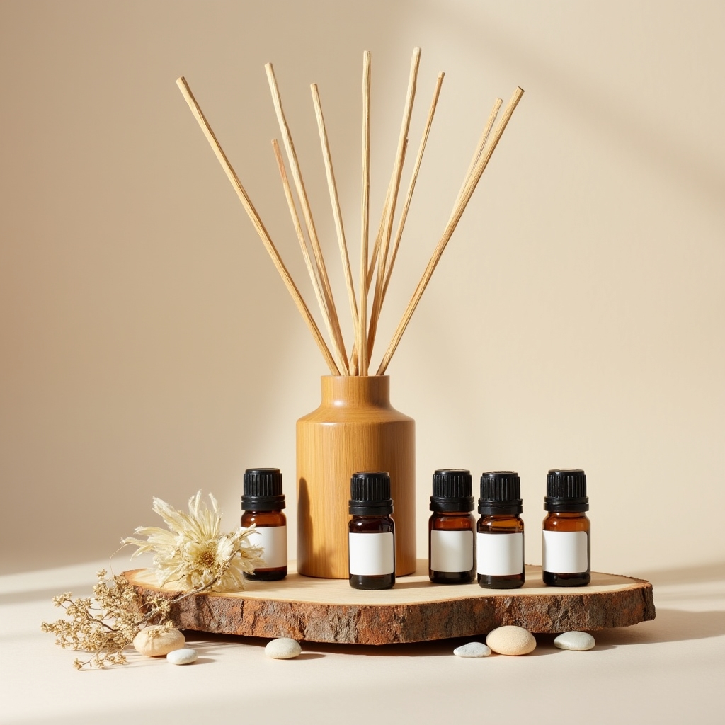 Aromatherapie-Diffuser-Set aus Bambus mit ätherischen Öl-Fläschchen auf Naturholz