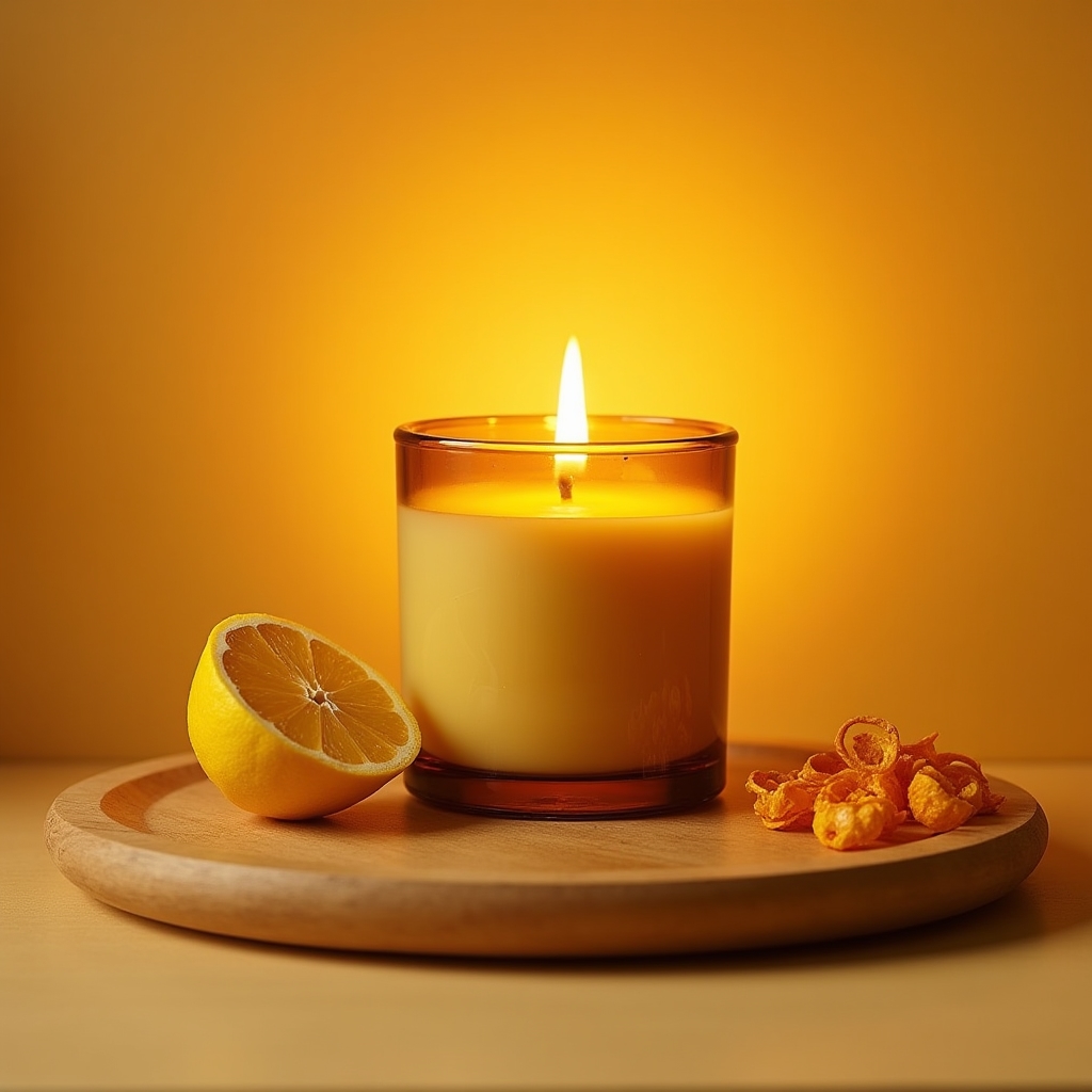 Bergamotte Zitruskerze in goldenem Glas mit warmem Kerzenlicht