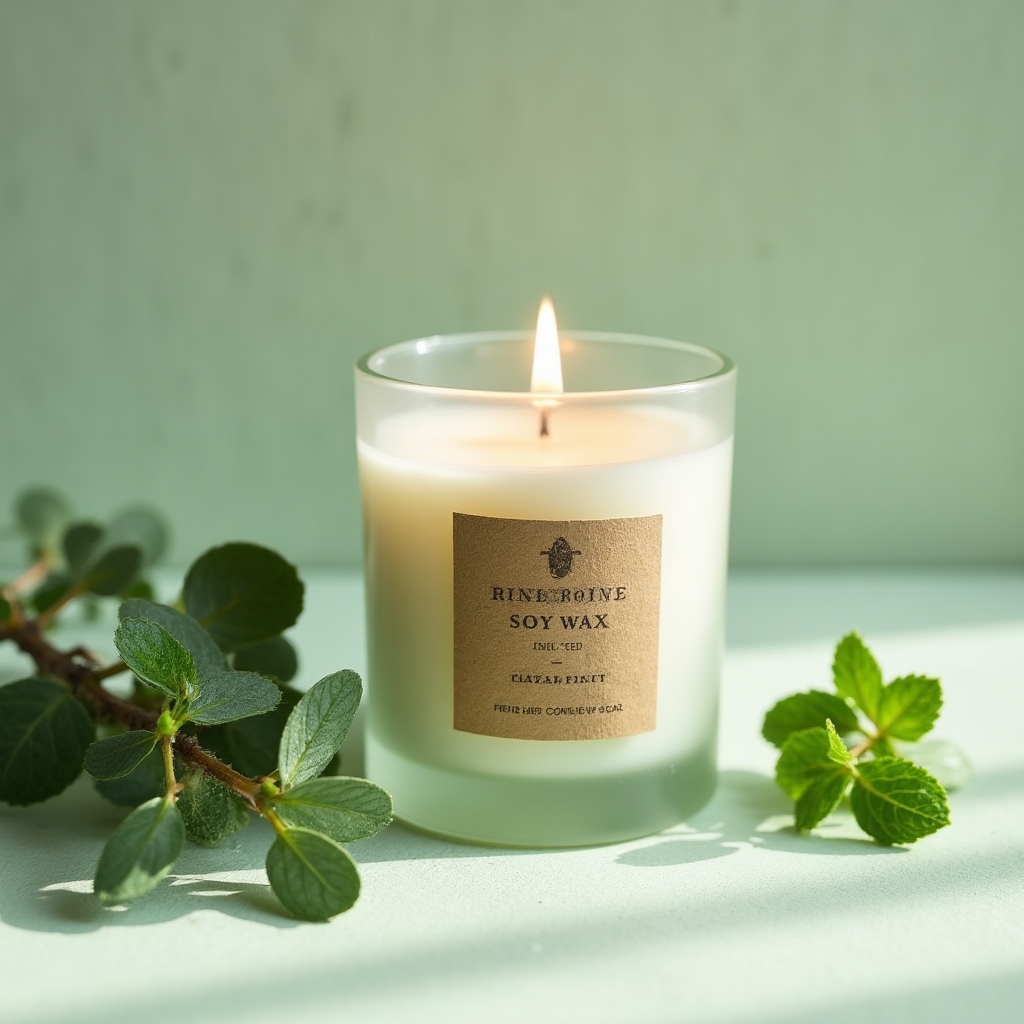 Eukalyptus-Minze Aromatherapiekerze mit frischen Kräuterzweigen daneben