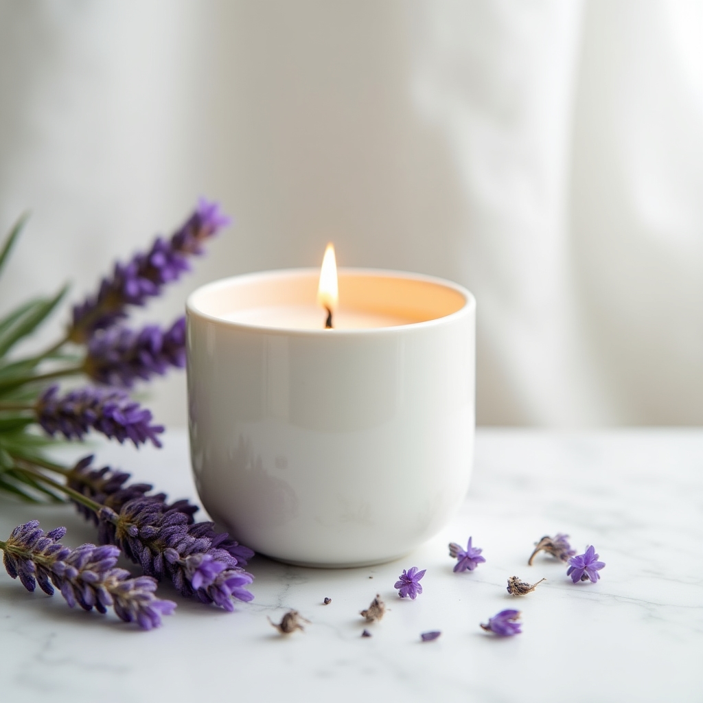 Lavendel Sojawachskerze in weißem Keramikgefäß mit violetten Lavendelblüten