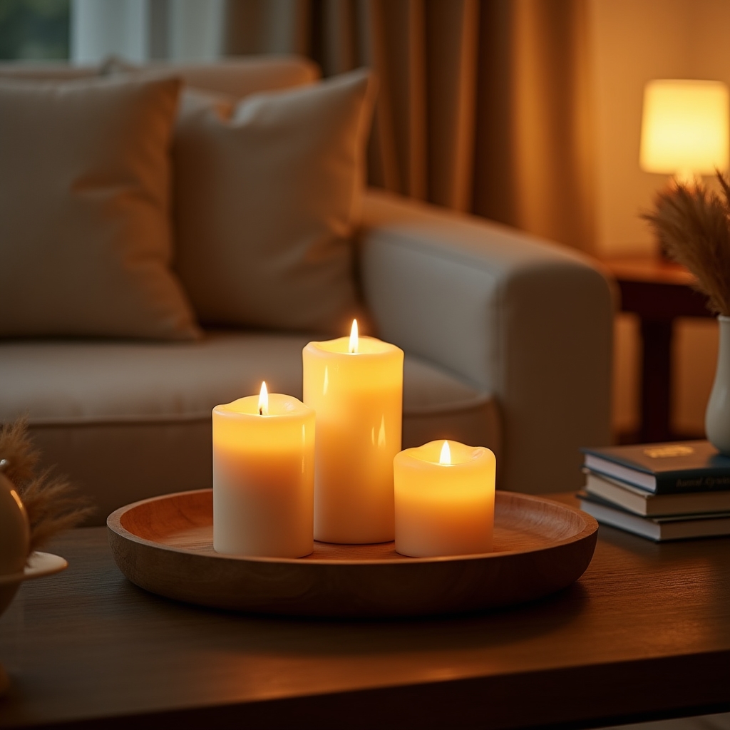 Gemütliches Wohnzimmer mit mehreren Sojawachskerzen auf einem Holztablett als Dekoration